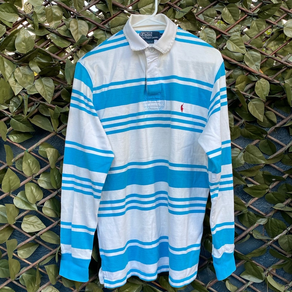 Men's Polo Ralph Lauren Blue and White Polo Rugby Shirt Men's Size Medium